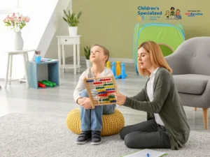 Therapist helping child with counting beads.