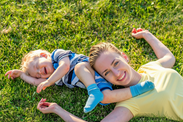 A smiling mother and a laughing toddler lying on green grass, representing a calm and joyful moment in family life.
