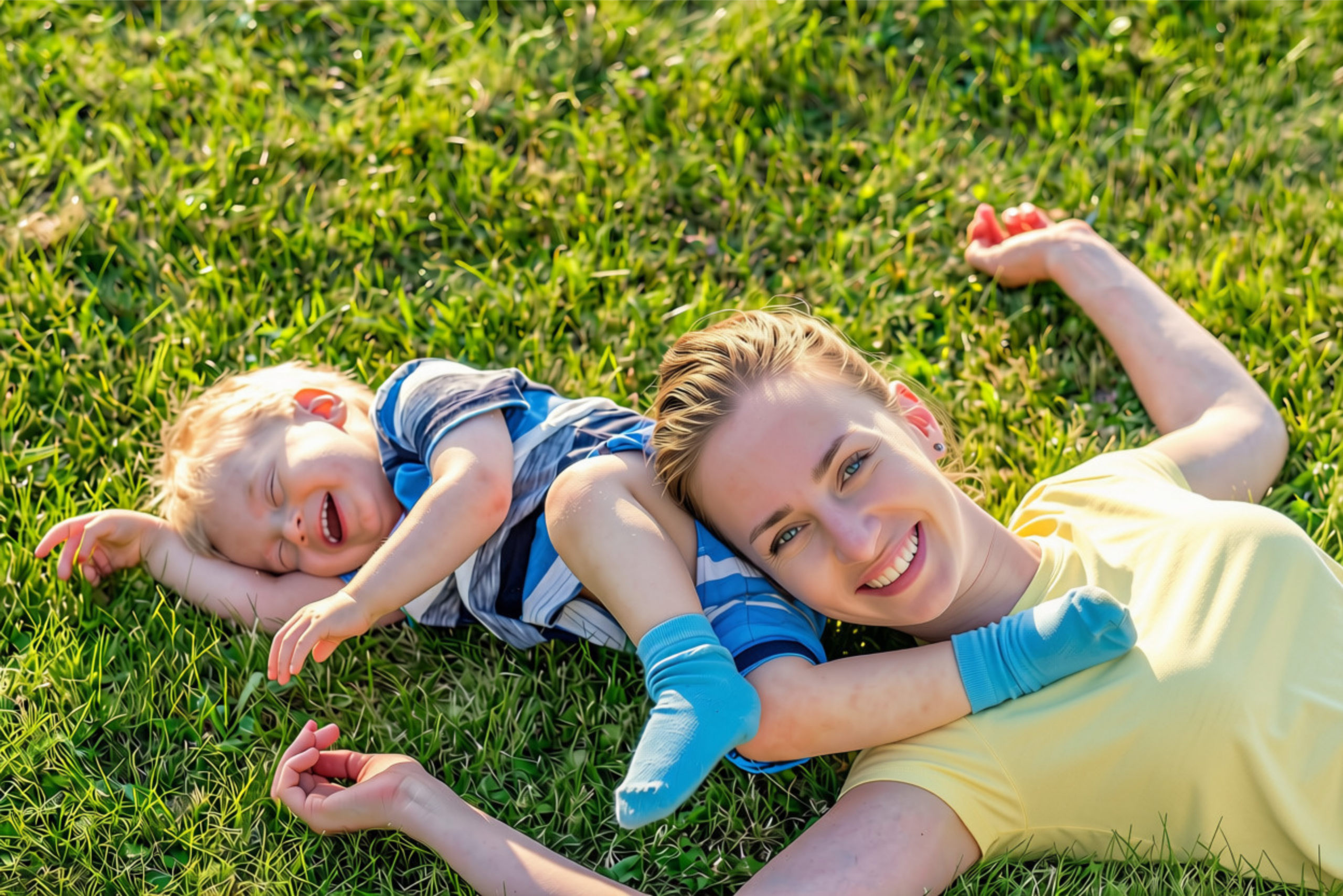A smiling mother and a laughing toddler lying on green grass, representing a calm and joyful moment in family life.