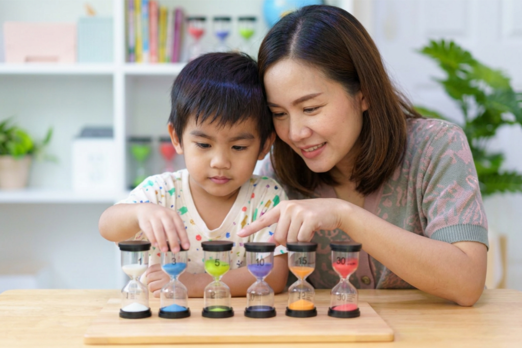 A child at a table watching a visual countdown timer next to an adult assisting them