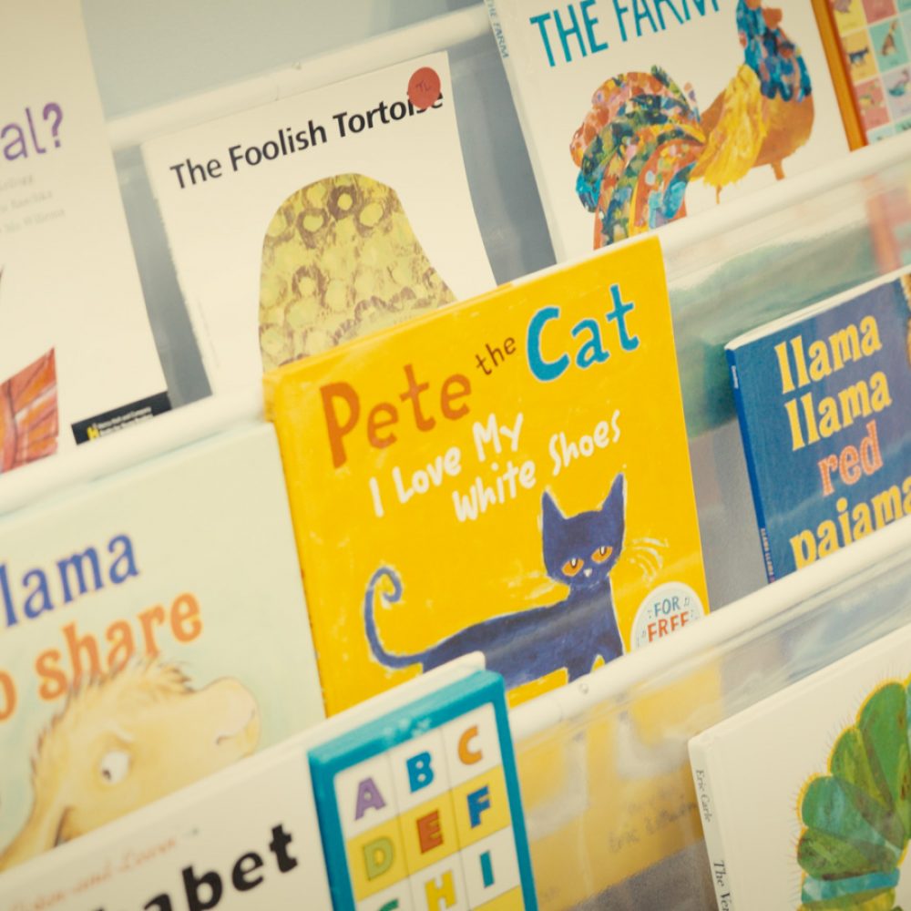 Bookshelf with a variety of children's books.