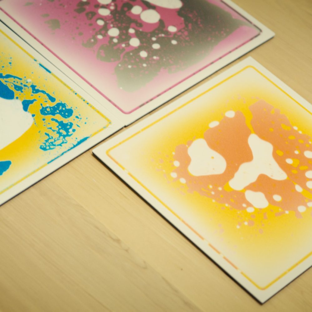 Decorative floor tiles with abstract art.